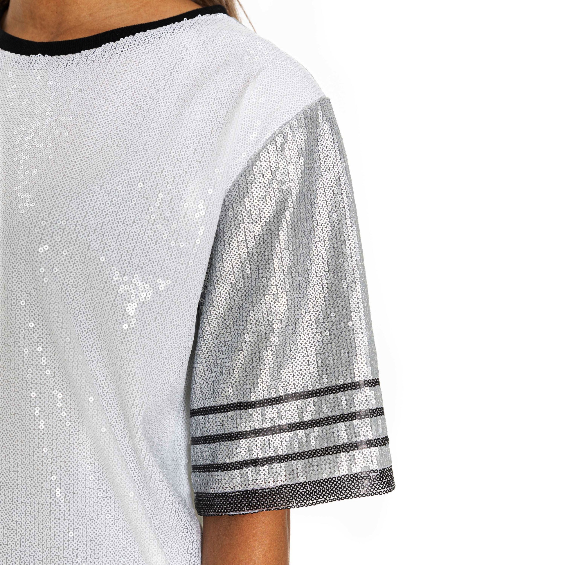 MIAMI HURRICANES BLING IT FULL SEQUIN FASHION JERSEY TUNIC DRESS WITH SPORTS STRIPE SLEEVE DETAIL AND LIGHTWEIGHT GARMENT LINING