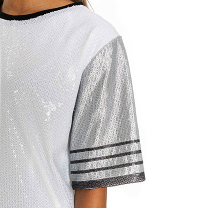 MIAMI HURRICANES BLING IT FULL SEQUIN FASHION JERSEY TUNIC DRESS WITH SPORTS STRIPE SLEEVE DETAIL AND LIGHTWEIGHT GARMENT LINING