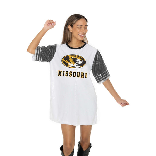 MISSOURI TIGERS BLING IT FULL SEQUIN FASHION JERSEY TUNIC DRESS WITH SPORTS STRIPE SLEEVE DETAIL AND LIGHTWEIGHT GARMENT LINING - The Club