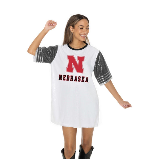 NEBRASKA CORNHUSKERS BLING IT FULL SEQUIN FASHION JERSEY TUNIC DRESS WITH SPORTS STRIPE SLEEVE DETAIL AND LIGHTWEIGHT GARMENT LINING - The Club