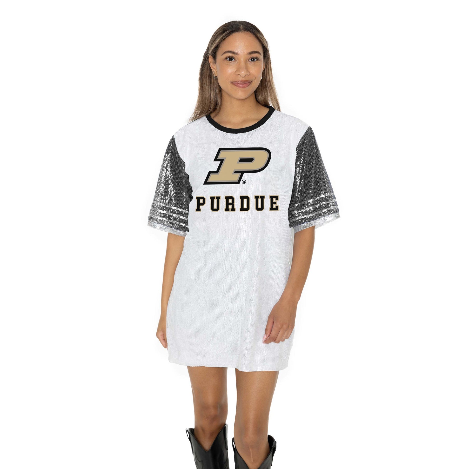 PURDUE BOILERMAKERS BLING IT FULL SEQUIN FASHION JERSEY TUNIC DRESS WITH SPORTS STRIPE SLEEVE DETAIL AND LIGHTWEIGHT GARMENT LINING