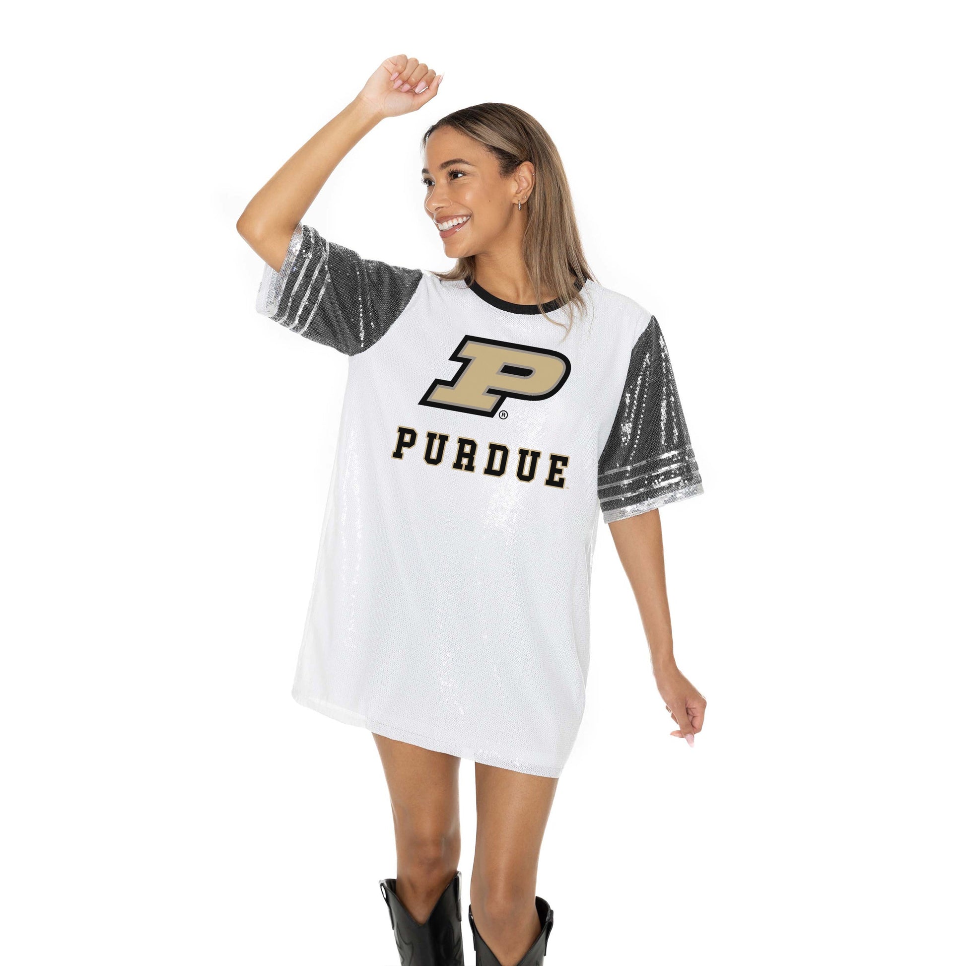 PURDUE BOILERMAKERS BLING IT FULL SEQUIN FASHION JERSEY TUNIC DRESS WITH SPORTS STRIPE SLEEVE DETAIL AND LIGHTWEIGHT GARMENT LINING