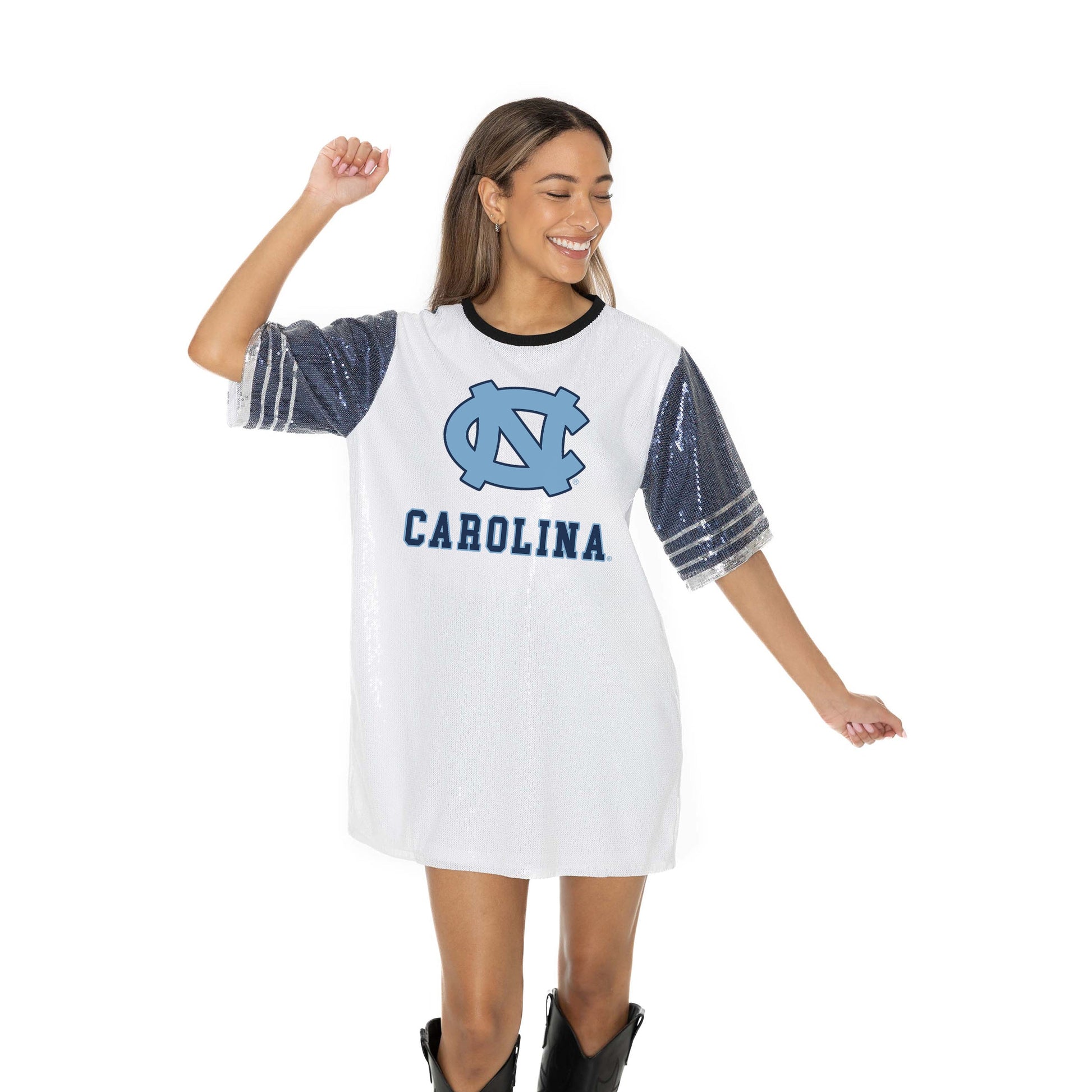 NORTH CAROLINA TAR HEELS BLING IT FULL SEQUIN FASHION JERSEY TUNIC DRESS WITH SPORTS STRIPE SLEEVE DETAIL AND LIGHTWEIGHT GARMENT LINING