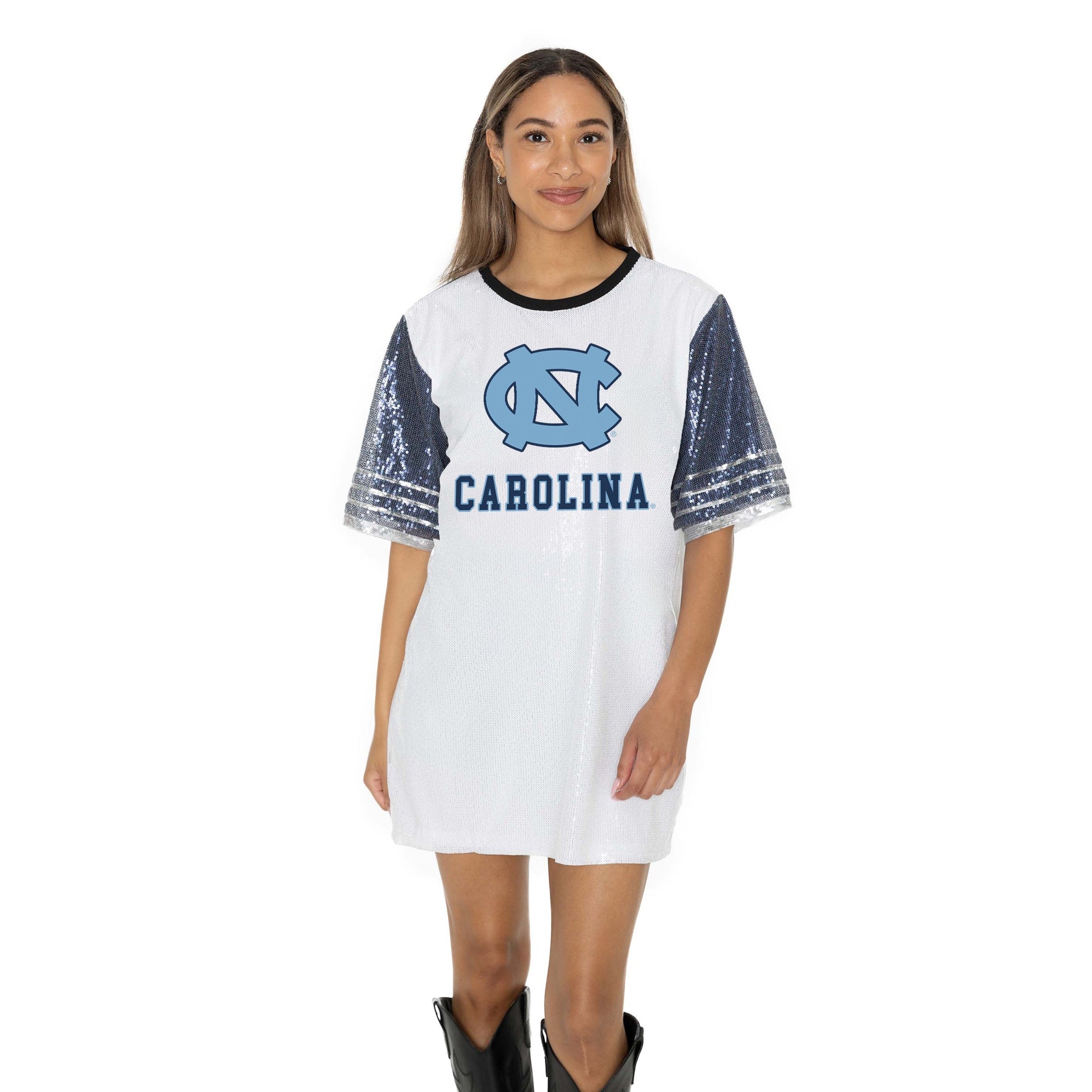 NORTH CAROLINA TAR HEELS BLING IT FULL SEQUIN FASHION JERSEY TUNIC DRESS WITH SPORTS STRIPE SLEEVE DETAIL AND LIGHTWEIGHT GARMENT LINING