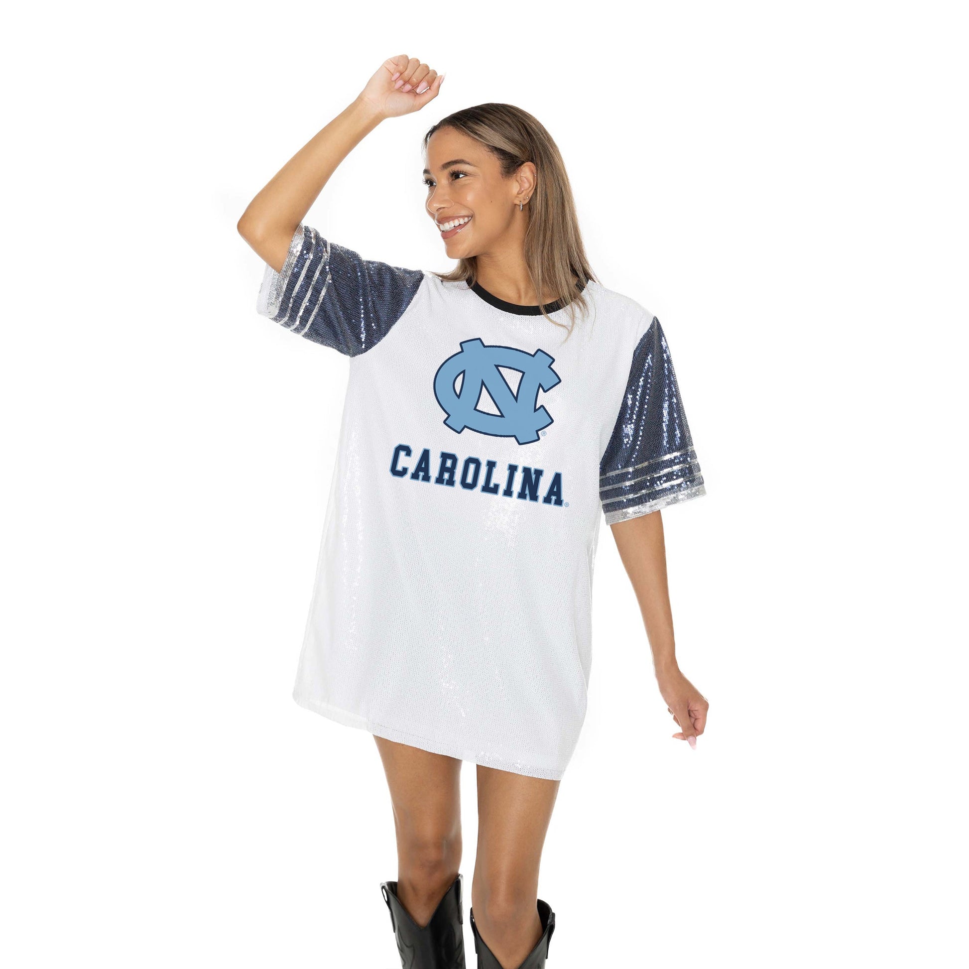 NORTH CAROLINA TAR HEELS BLING IT FULL SEQUIN FASHION JERSEY TUNIC DRESS WITH SPORTS STRIPE SLEEVE DETAIL AND LIGHTWEIGHT GARMENT LINING