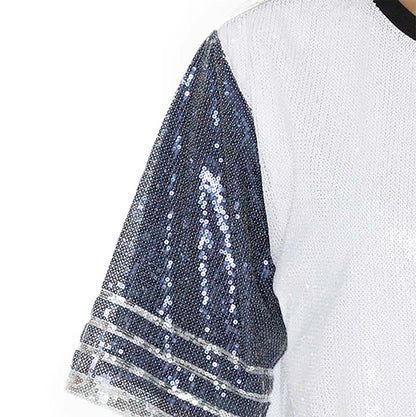 NORTH CAROLINA TAR HEELS BLING IT FULL SEQUIN FASHION JERSEY TUNIC DRESS WITH SPORTS STRIPE SLEEVE DETAIL AND LIGHTWEIGHT GARMENT LINING