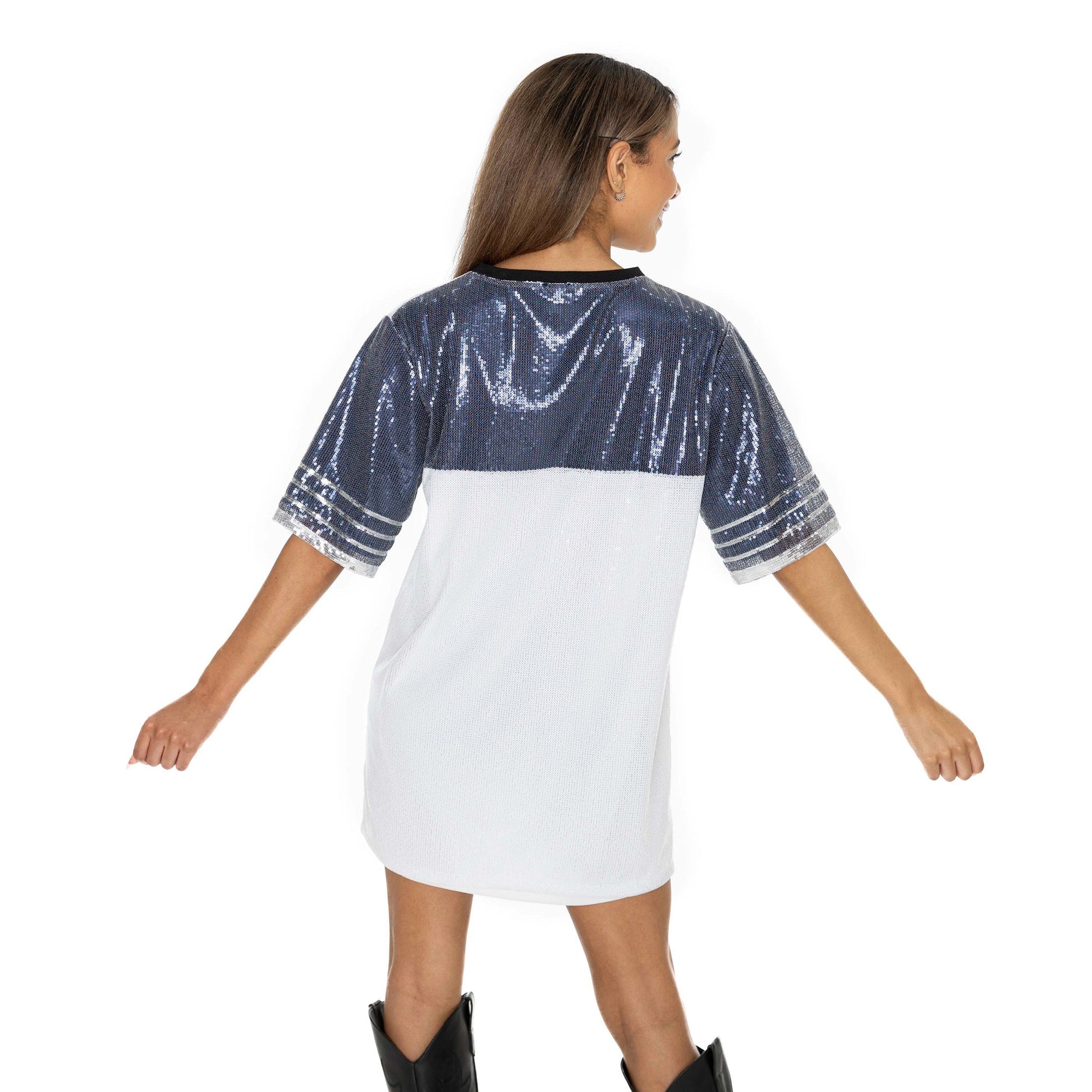 NORTH CAROLINA TAR HEELS BLING IT FULL SEQUIN FASHION JERSEY TUNIC DRESS WITH SPORTS STRIPE SLEEVE DETAIL AND LIGHTWEIGHT GARMENT LINING