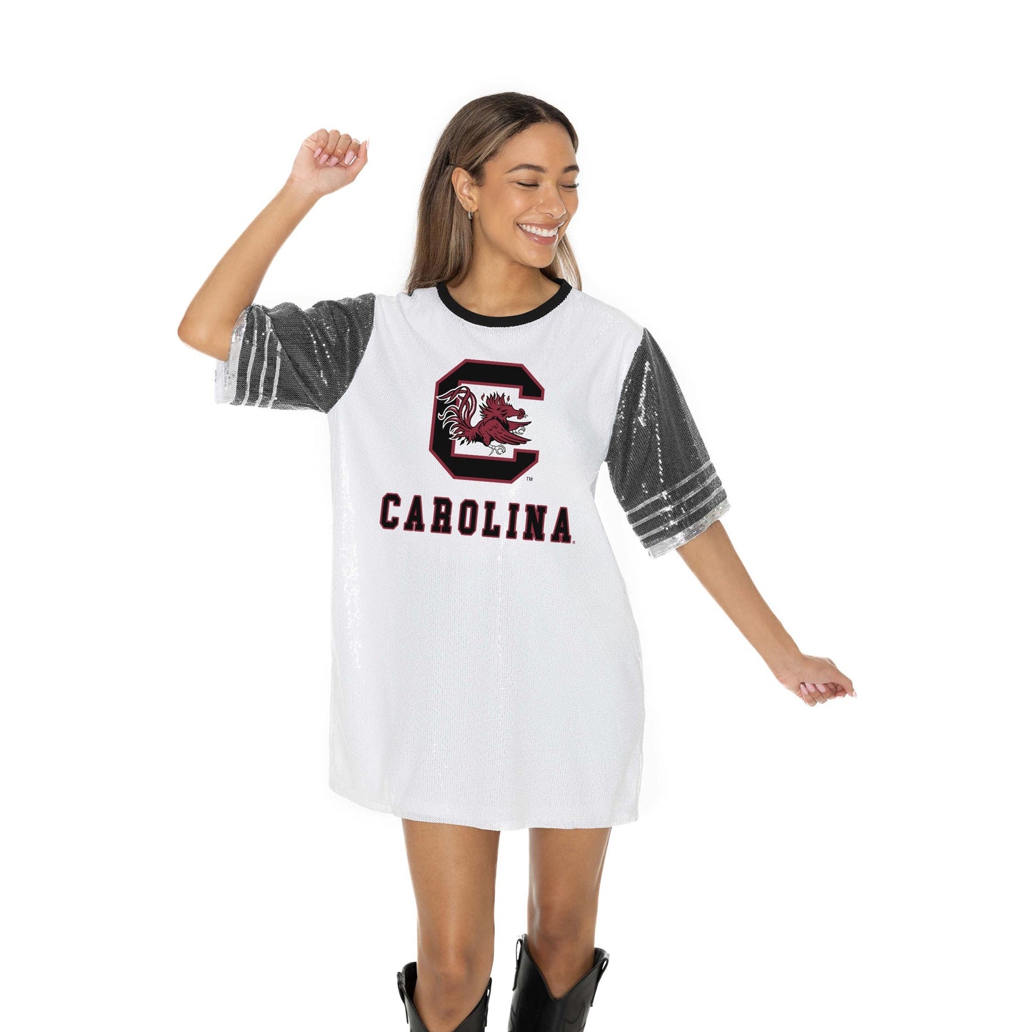 SOUTH CAROLINA GAMECOCKS BLING IT FULL SEQUIN FASHION JERSEY TUNIC DRESS WITH SPORTS STRIPE SLEEVE DETAIL AND LIGHTWEIGHT GARMENT LINING