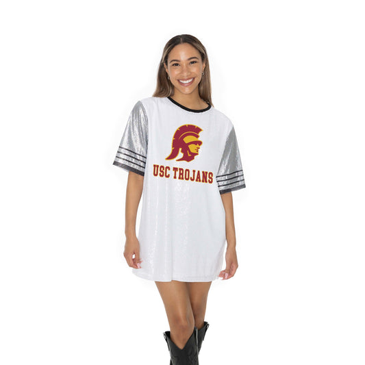 USC TROJANS BLING IT FULL SEQUIN FASHION JERSEY TUNIC DRESS WITH SPORTS STRIPE SLEEVE DETAIL AND LIGHTWEIGHT GARMENT LINING