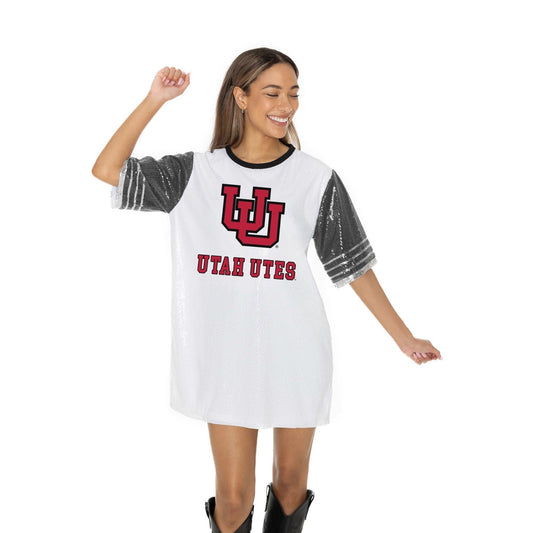 UTAH UTES BLING IT FULL SEQUIN FASHION JERSEY TUNIC DRESS WITH SPORTS STRIPE SLEEVE DETAIL AND LIGHTWEIGHT GARMENT LINING - The Club