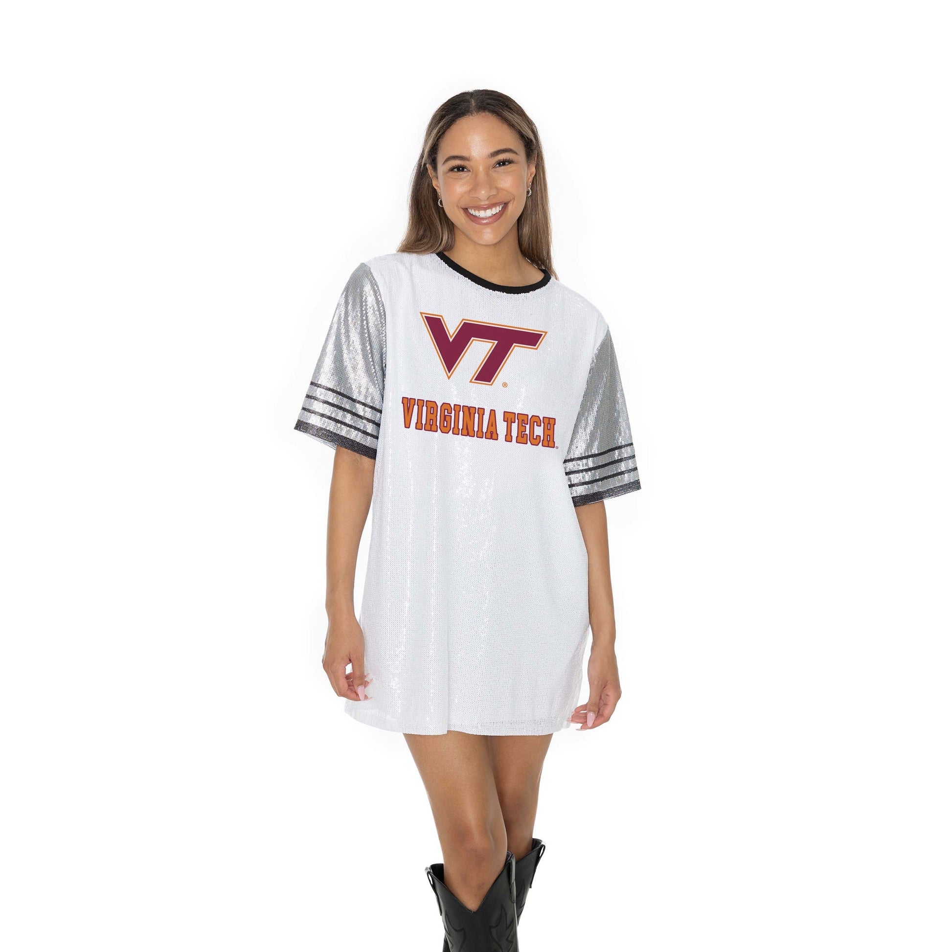VIRGINIA TECH HOKIES BLING IT FULL SEQUIN FASHION JERSEY TUNIC DRESS WITH SPORTS STRIPE SLEEVE DETAIL AND LIGHTWEIGHT GARMENT LINING