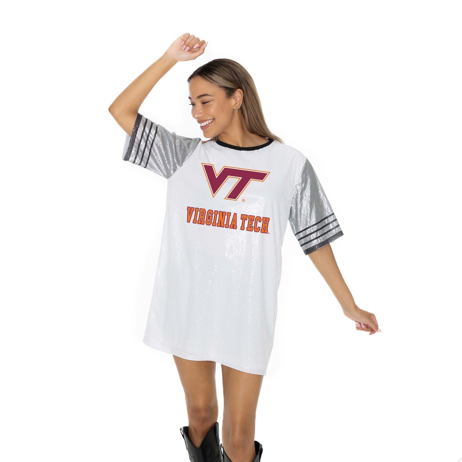 VIRGINIA TECH HOKIES BLING IT FULL SEQUIN FASHION JERSEY TUNIC DRESS WITH SPORTS STRIPE SLEEVE DETAIL AND LIGHTWEIGHT GARMENT LINING