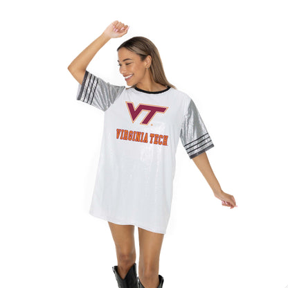 VIRGINIA TECH HOKIES BLING IT FULL SEQUIN FASHION JERSEY TUNIC DRESS WITH SPORTS STRIPE SLEEVE DETAIL AND LIGHTWEIGHT GARMENT LINING