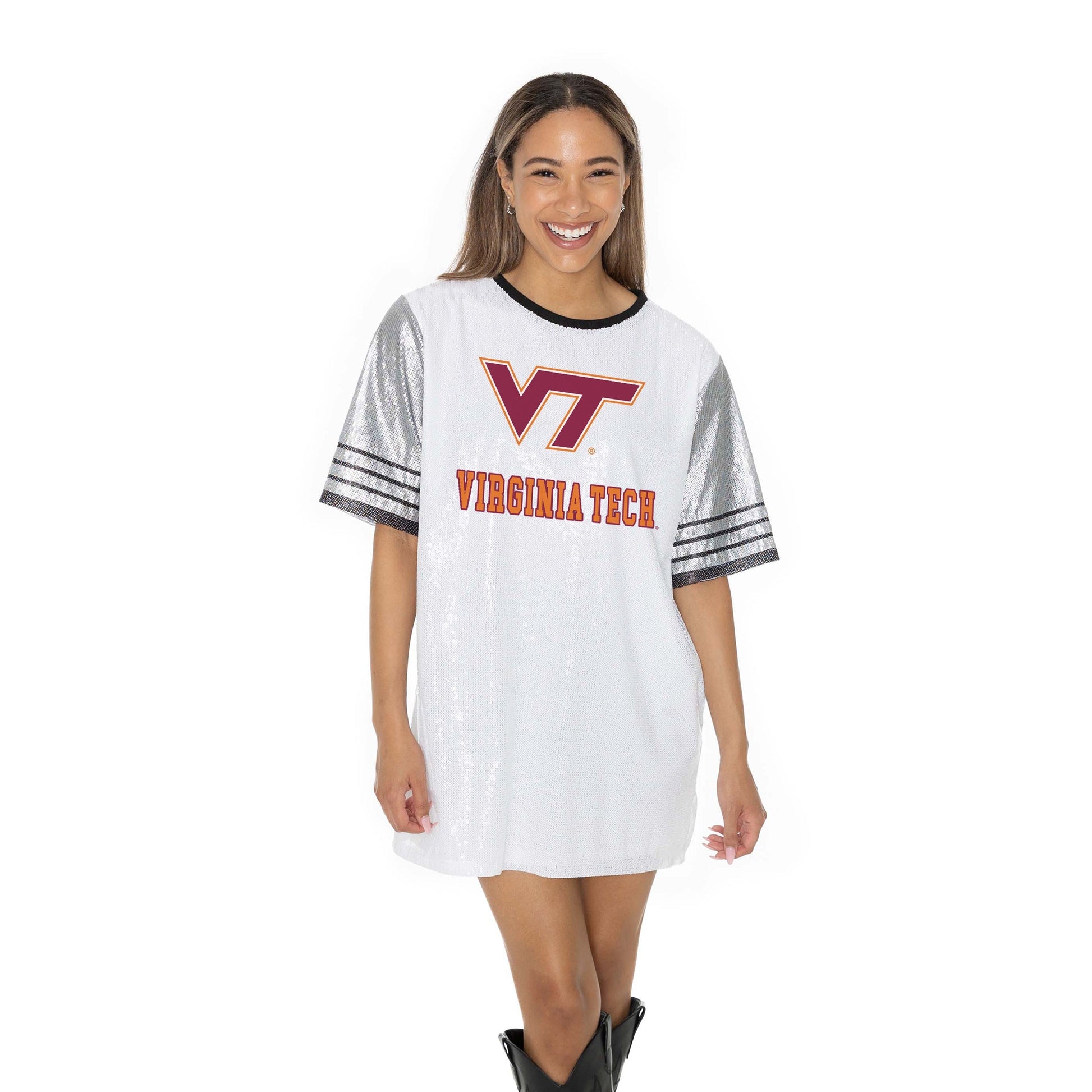 VIRGINIA TECH HOKIES BLING IT FULL SEQUIN FASHION JERSEY TUNIC DRESS WITH SPORTS STRIPE SLEEVE DETAIL AND LIGHTWEIGHT GARMENT LINING