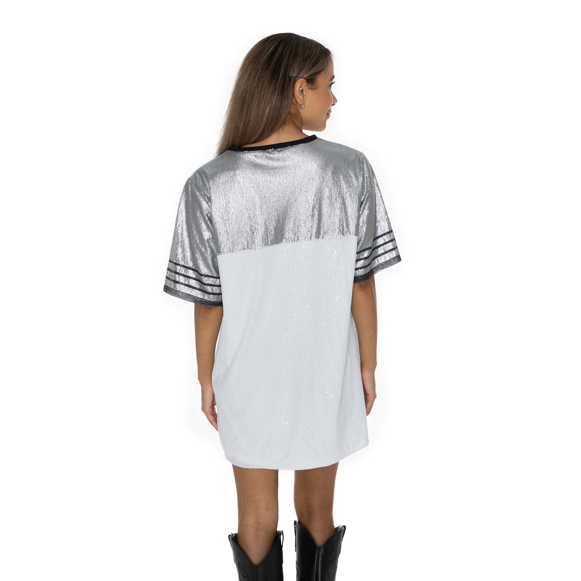 VIRGINIA TECH HOKIES BLING IT FULL SEQUIN FASHION JERSEY TUNIC DRESS WITH SPORTS STRIPE SLEEVE DETAIL AND LIGHTWEIGHT GARMENT LINING