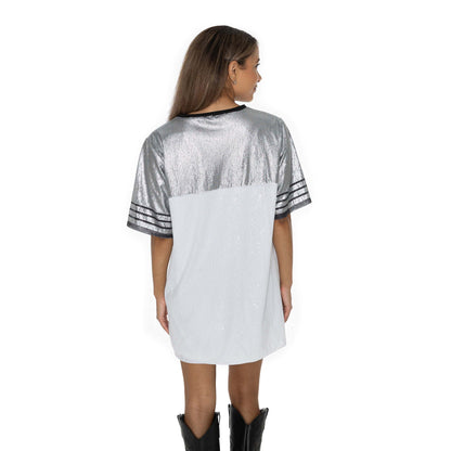 VIRGINIA TECH HOKIES BLING IT FULL SEQUIN FASHION JERSEY TUNIC DRESS WITH SPORTS STRIPE SLEEVE DETAIL AND LIGHTWEIGHT GARMENT LINING