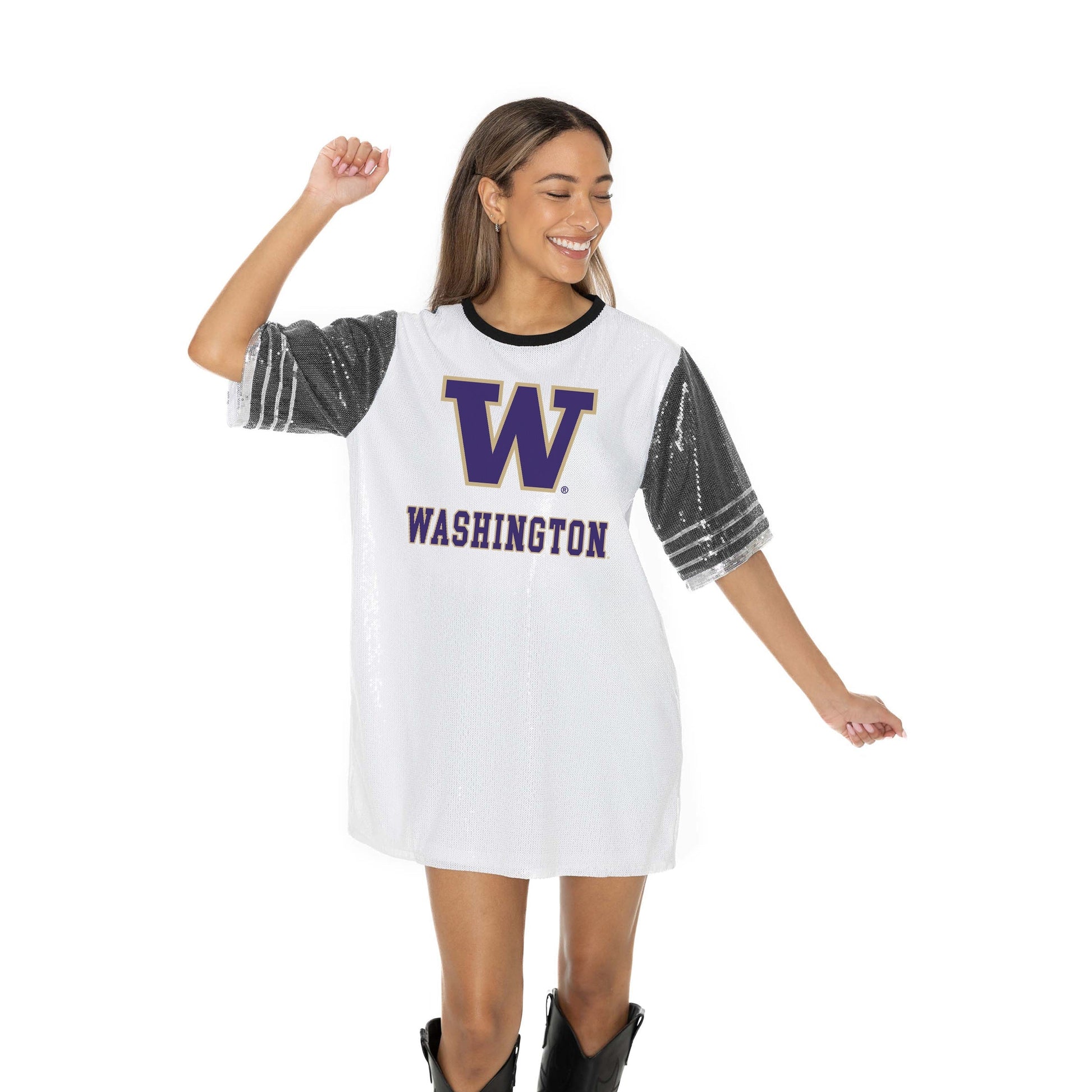 WASHINGTON HUSKIES BLING IT FULL SEQUIN FASHION JERSEY TUNIC DRESS WITH SPORTS STRIPE SLEEVE DETAIL AND LIGHTWEIGHT GARMENT LINING