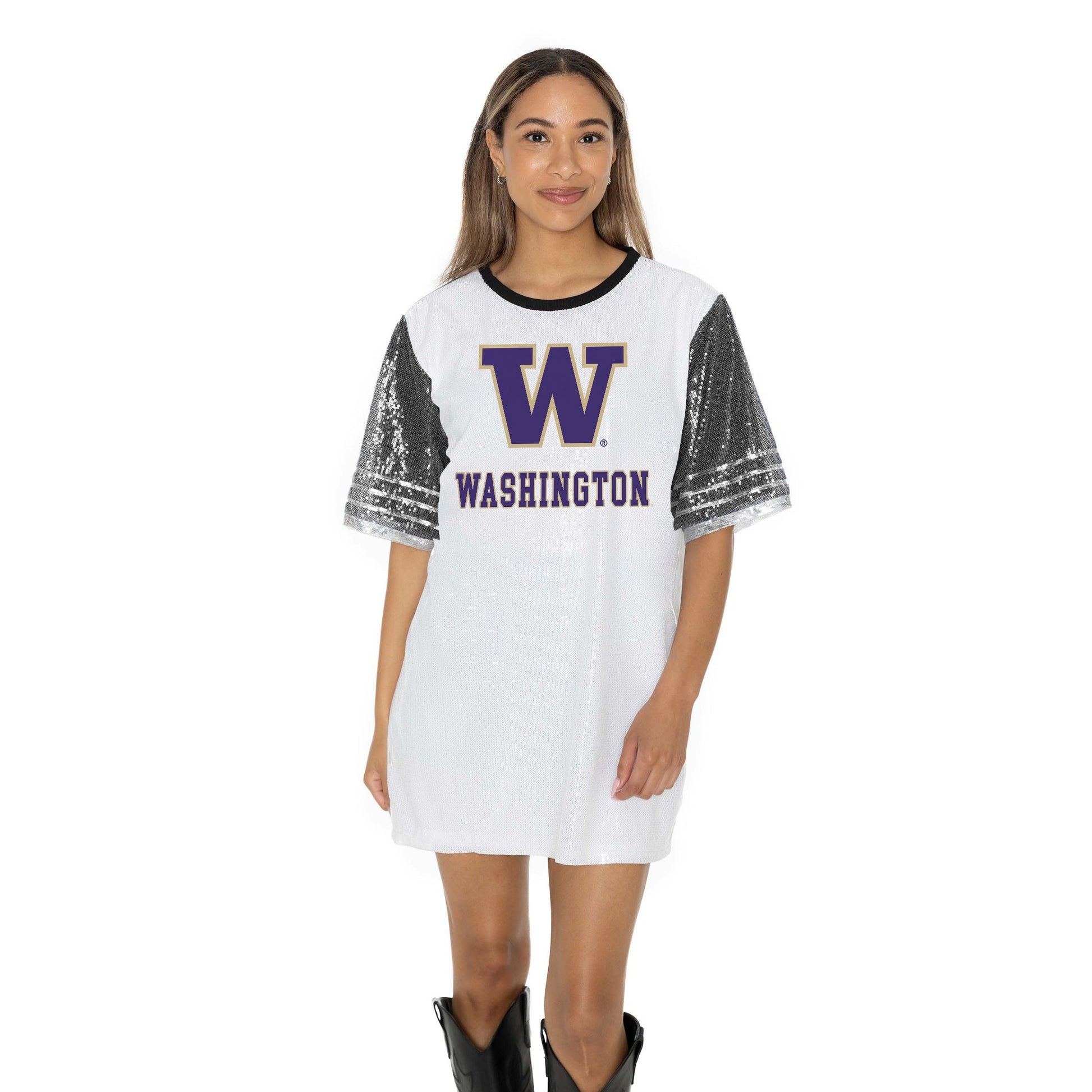 WASHINGTON HUSKIES BLING IT FULL SEQUIN FASHION JERSEY TUNIC DRESS WITH SPORTS STRIPE SLEEVE DETAIL AND LIGHTWEIGHT GARMENT LINING