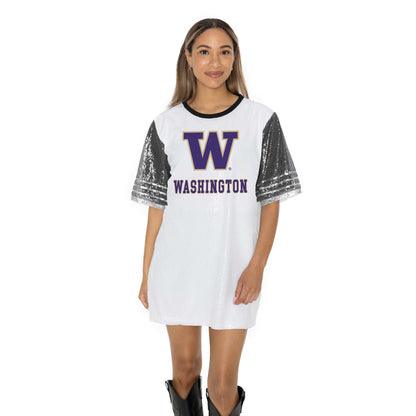 WASHINGTON HUSKIES BLING IT FULL SEQUIN FASHION JERSEY TUNIC DRESS WITH SPORTS STRIPE SLEEVE DETAIL AND LIGHTWEIGHT GARMENT LINING
