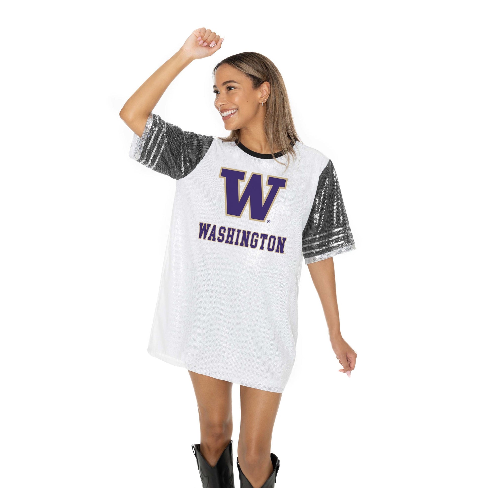 WASHINGTON HUSKIES BLING IT FULL SEQUIN FASHION JERSEY TUNIC DRESS WITH SPORTS STRIPE SLEEVE DETAIL AND LIGHTWEIGHT GARMENT LINING