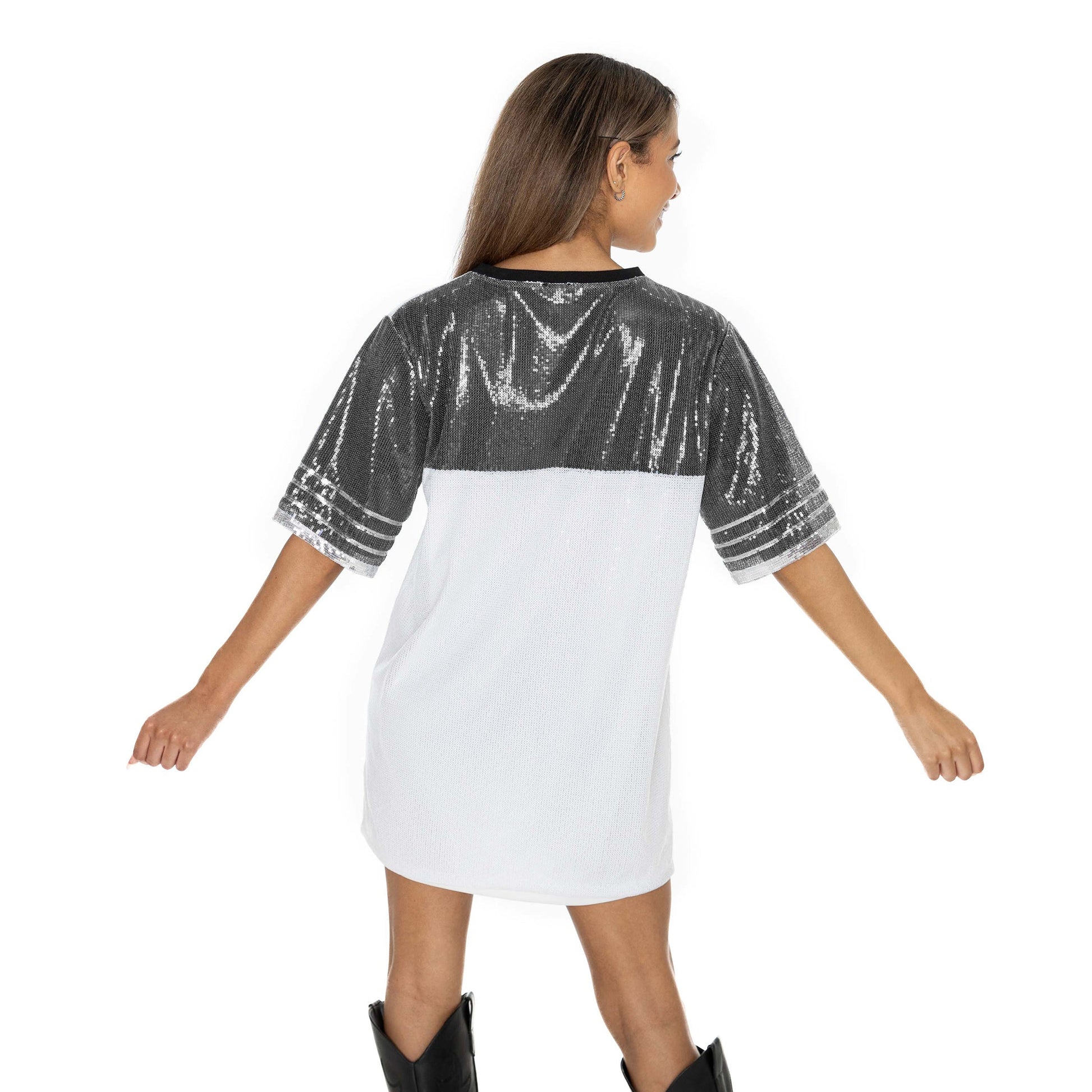 WASHINGTON HUSKIES BLING IT FULL SEQUIN FASHION JERSEY TUNIC DRESS WITH SPORTS STRIPE SLEEVE DETAIL AND LIGHTWEIGHT GARMENT LINING
