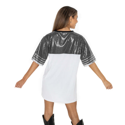 WASHINGTON HUSKIES BLING IT FULL SEQUIN FASHION JERSEY TUNIC DRESS WITH SPORTS STRIPE SLEEVE DETAIL AND LIGHTWEIGHT GARMENT LINING