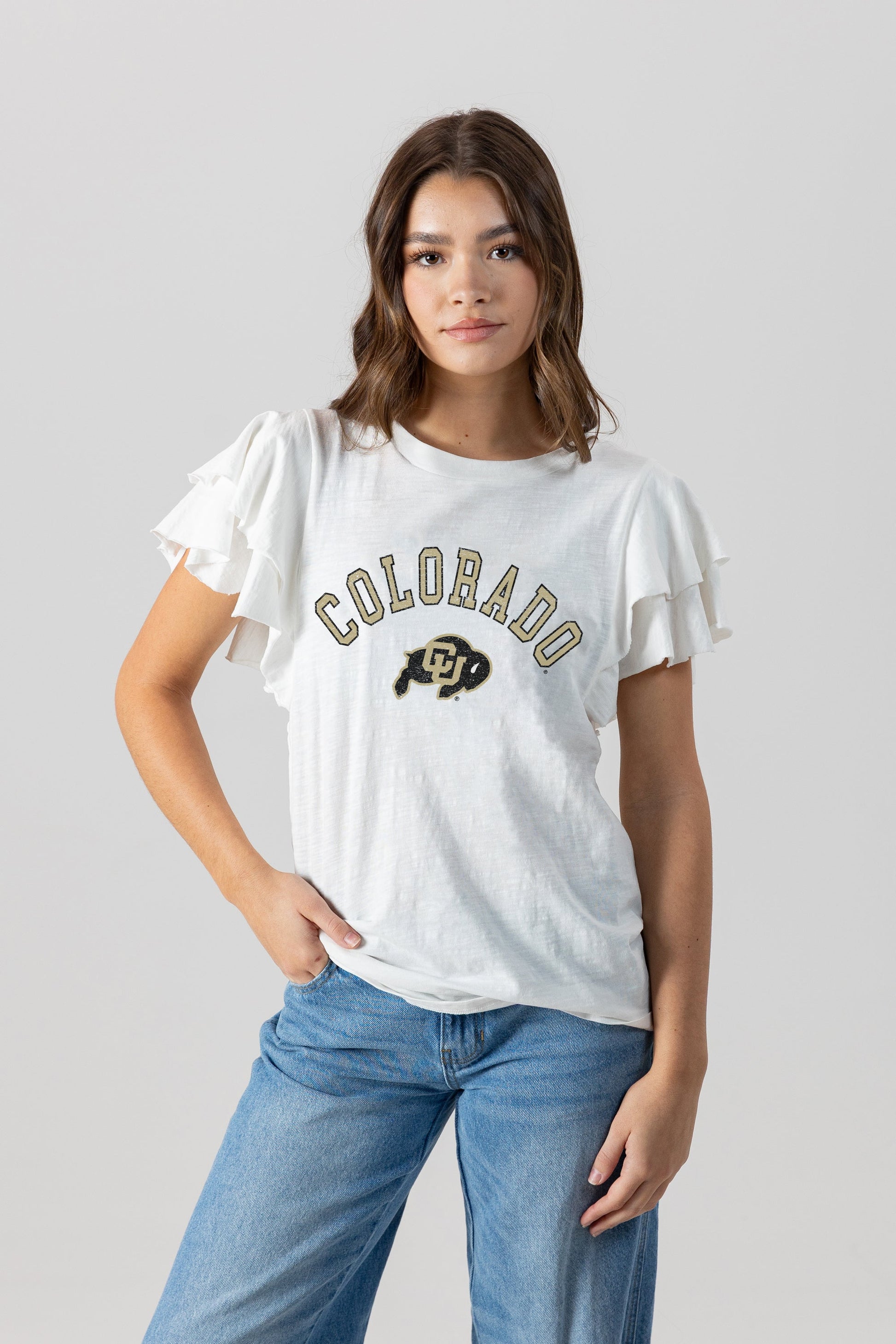 COLORADO BUFFALOES ALL IN TO WIN FLUTTER SLEEVE CREWNECK TOP