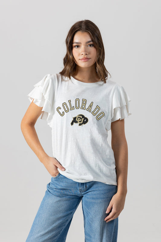 COLORADO BUFFALOES ALL IN TO WIN FLUTTER SLEEVE CREWNECK TOP