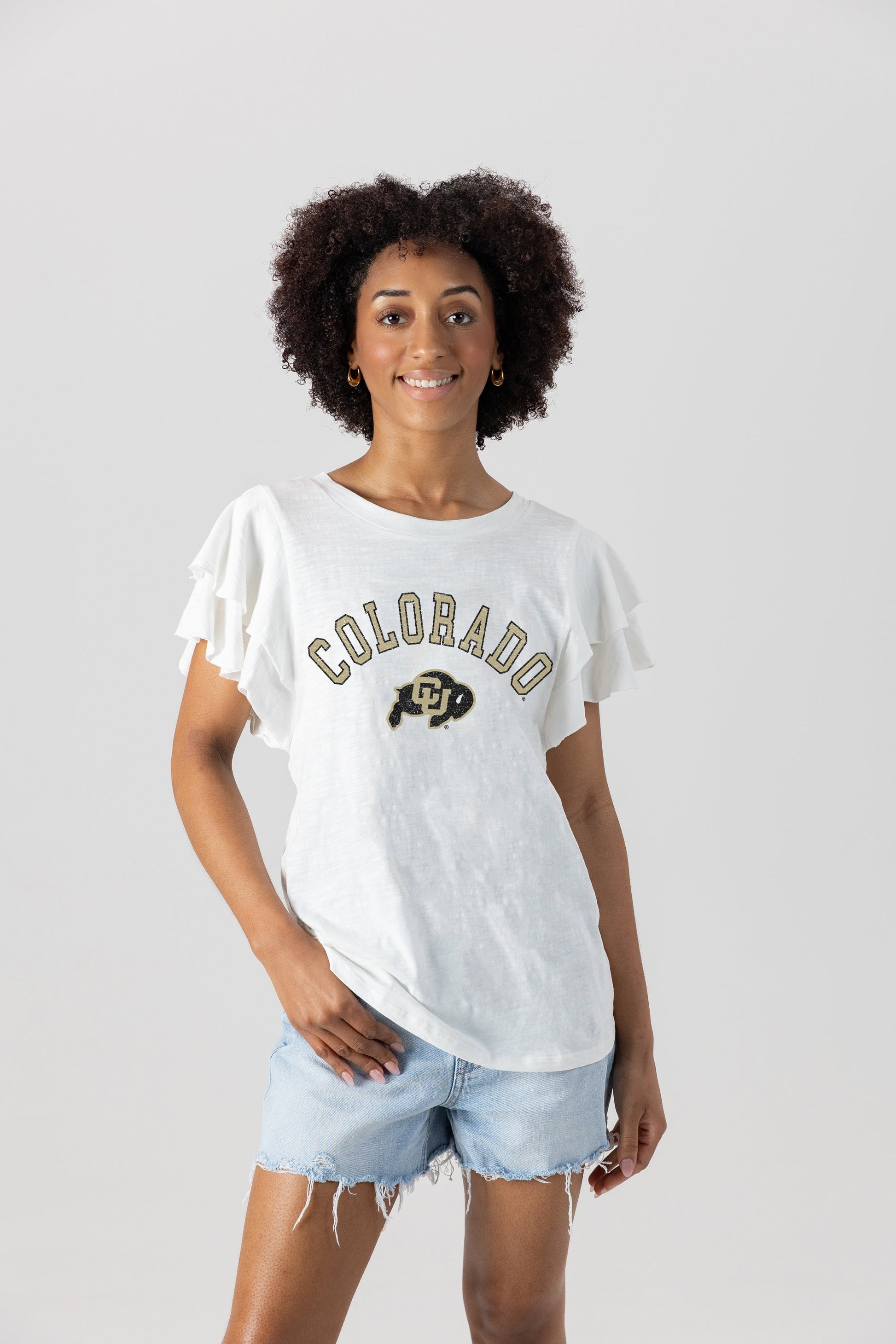 COLORADO BUFFALOES ALL IN TO WIN FLUTTER SLEEVE CREWNECK TOP