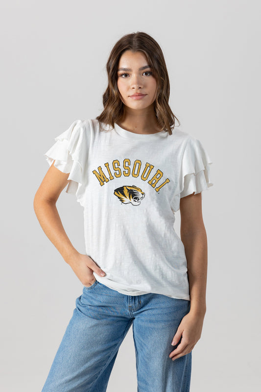 MISSOURI TIGERS ALL IN TO WIN FLUTTER SLEEVE CREWNECK TOP