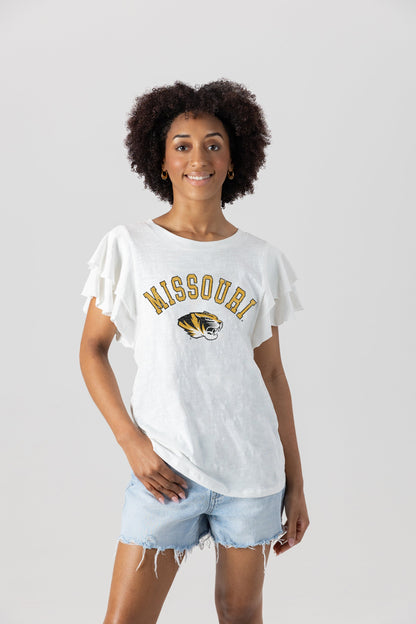 MISSOURI TIGERS ALL IN TO WIN FLUTTER SLEEVE CREWNECK TOP
