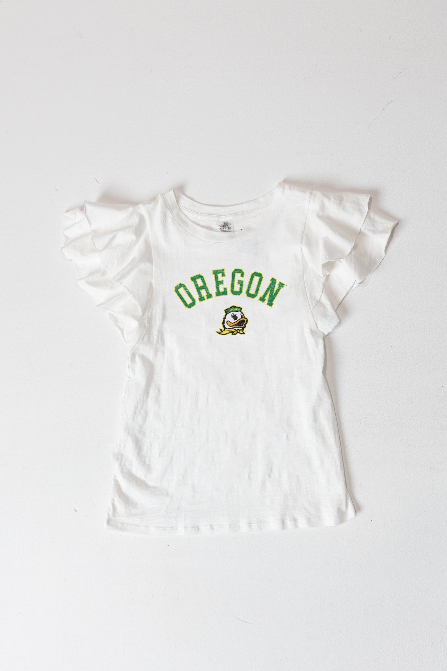 OREGON DUCKS ALL IN TO WIN FLUTTER SLEEVE CREWNECK TOP