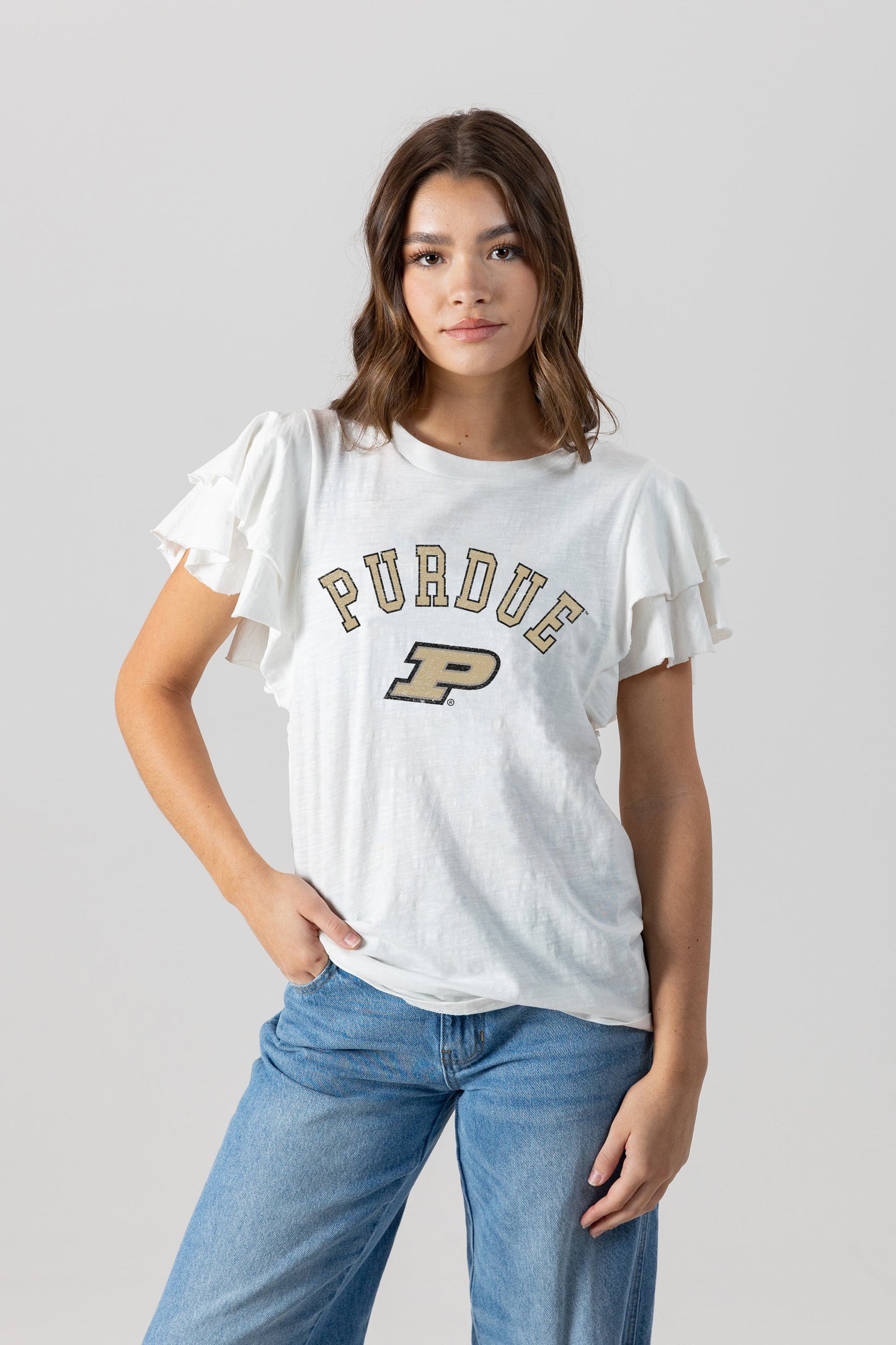 PURDUE BOILERMAKERS ALL IN TO WIN FLUTTER SLEEVE CREWNECK TOP