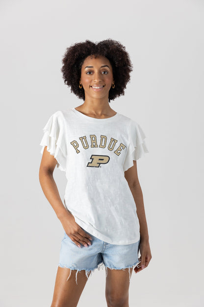PURDUE BOILERMAKERS ALL IN TO WIN FLUTTER SLEEVE CREWNECK TOP