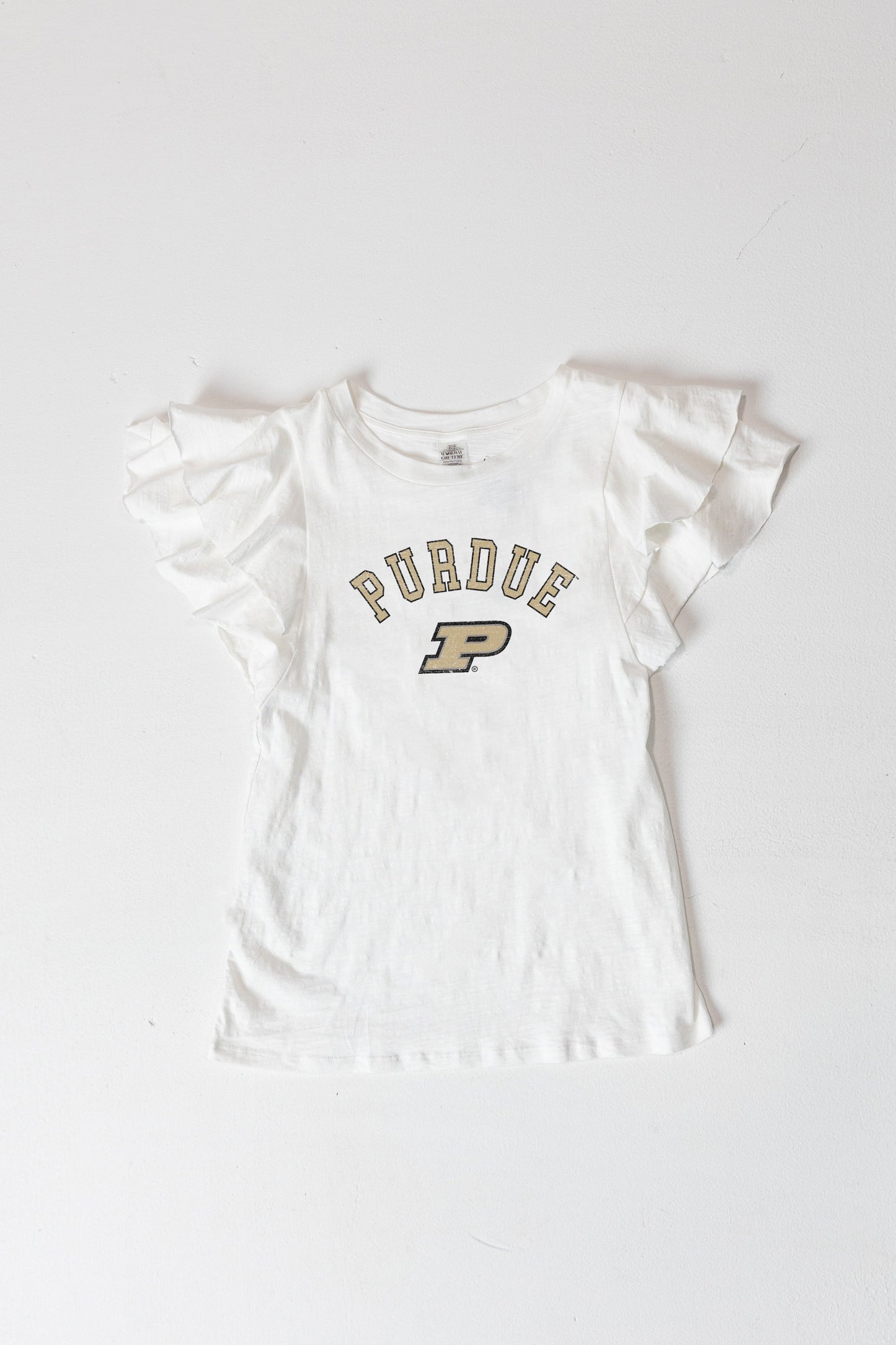 PURDUE BOILERMAKERS ALL IN TO WIN FLUTTER SLEEVE CREWNECK TOP