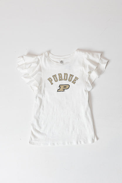 PURDUE BOILERMAKERS ALL IN TO WIN FLUTTER SLEEVE CREWNECK TOP