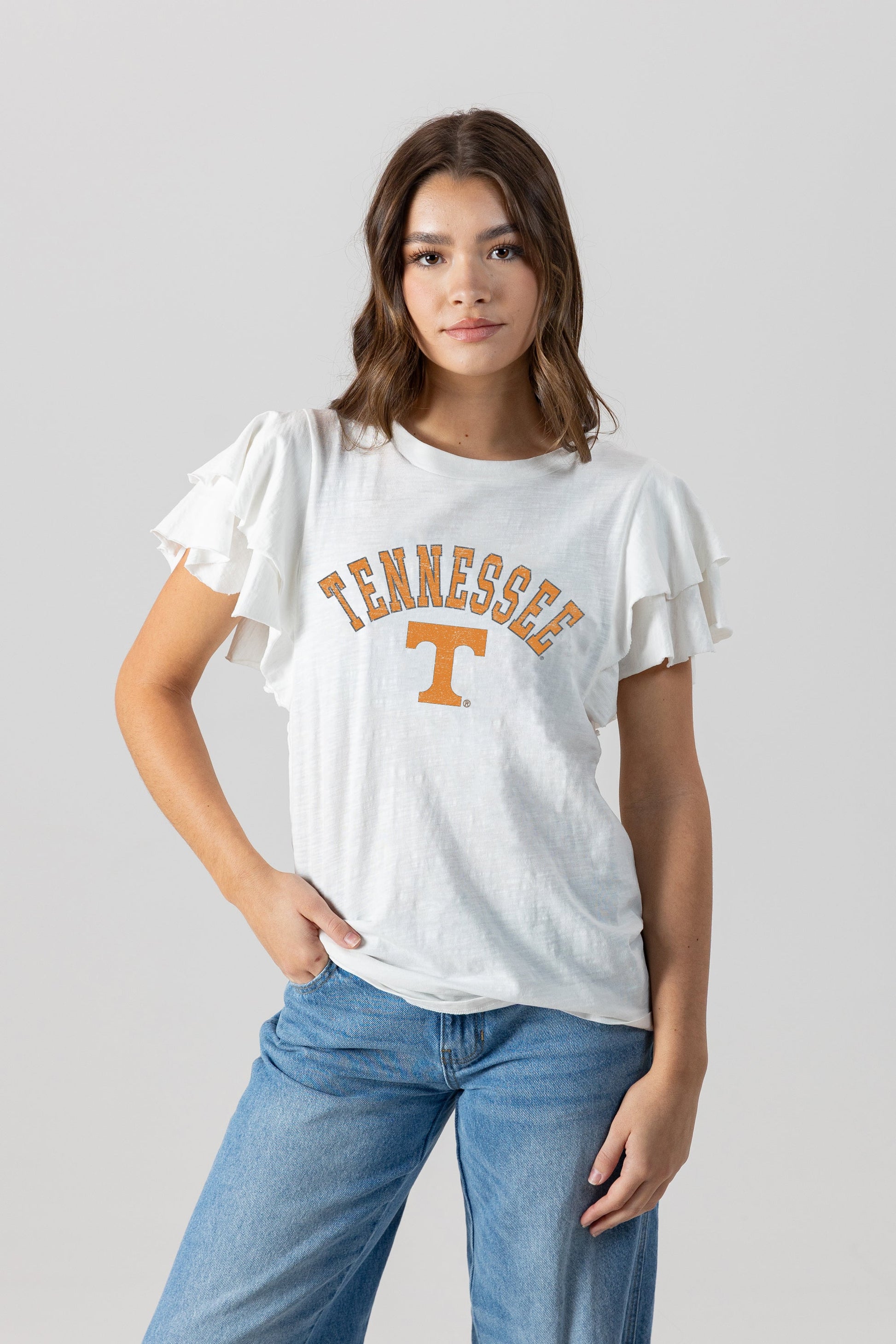 TENNESSEE VOLUNTEERS ALL IN TO WIN FLUTTER SLEEVE CREWNECK TOP