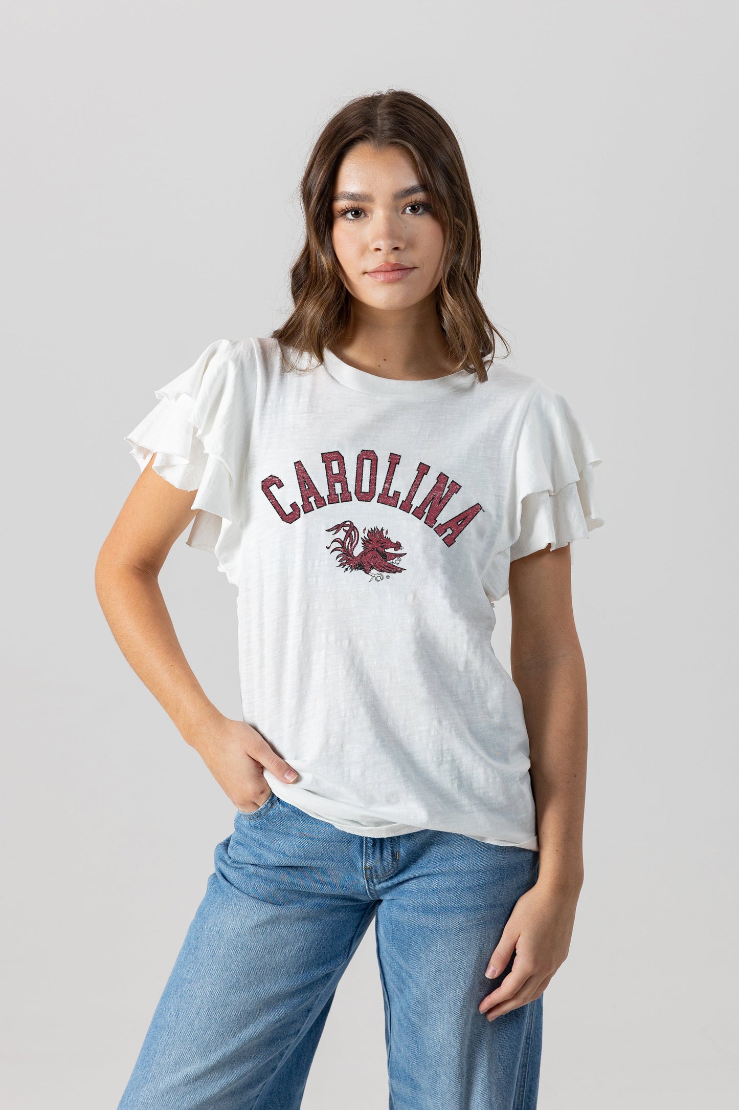 SOUTH CAROLINA GAMECOCKS ALL IN TO WIN FLUTTER SLEEVE CREWNECK TOP