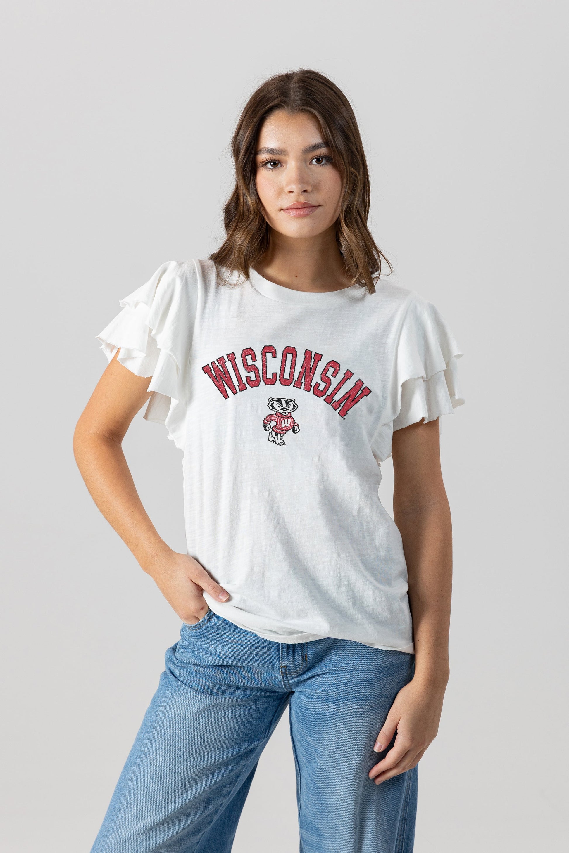 WISCONSIN BADGERS ALL IN TO WIN FLUTTER SLEEVE CREWNECK TOP
