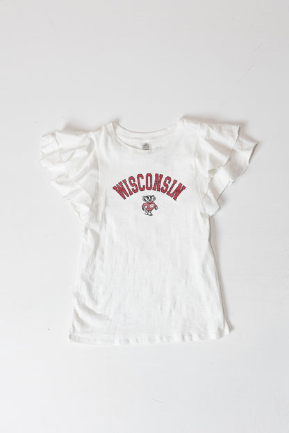 WISCONSIN BADGERS ALL IN TO WIN FLUTTER SLEEVE CREWNECK TOP