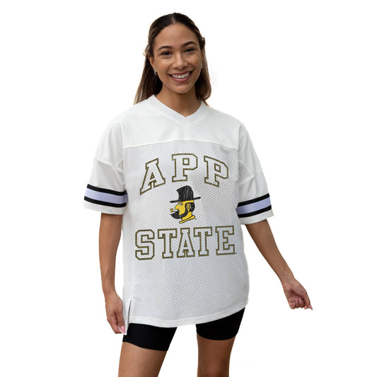 APPALACHIAN STATE MOUNTAINEERS A STEP AHEAD ICONIC OVERSIZED MESH SHORT SLEEVE V - NECK FASHION JERSEY TOP WITH SIDE SLITS - The Club