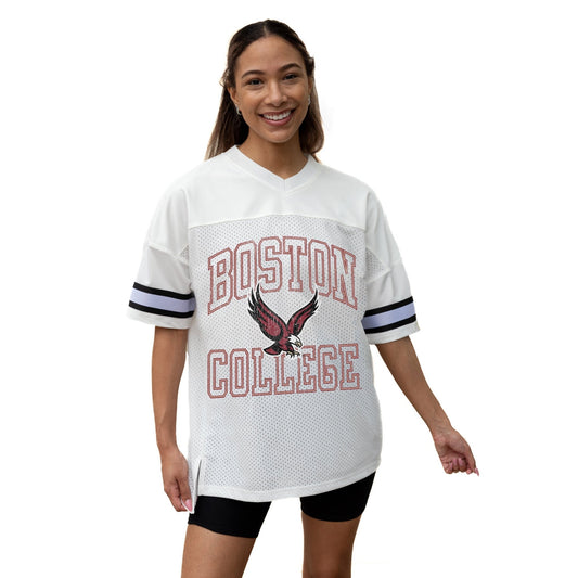 BOSTON COLLEGE EAGLES A STEP AHEAD ICONIC OVERSIZED MESH SHORT SLEEVE V - NECK FASHION JERSEY TOP WITH SIDE SLITS - The Club