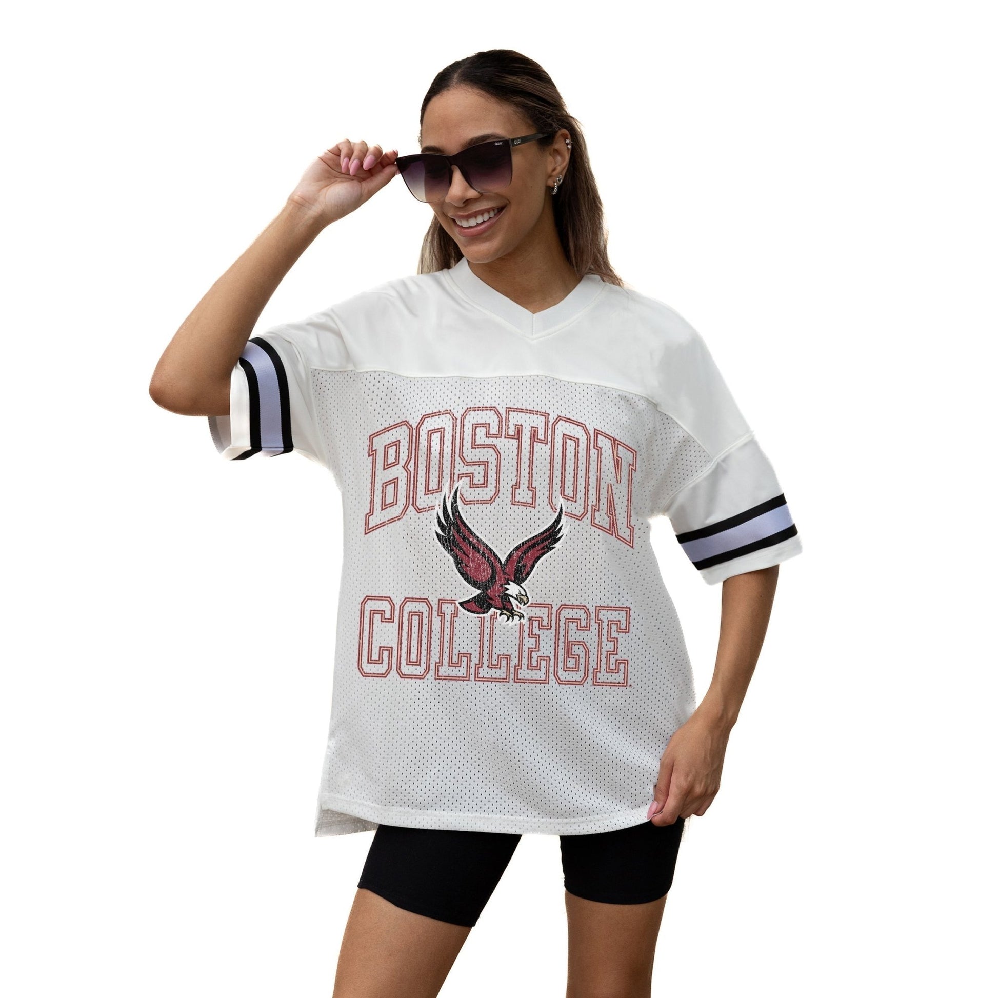BOSTON COLLEGE EAGLES A STEP AHEAD ICONIC OVERSIZED MESH SHORT SLEEVE V - NECK FASHION JERSEY TOP WITH SIDE SLITS - The Club