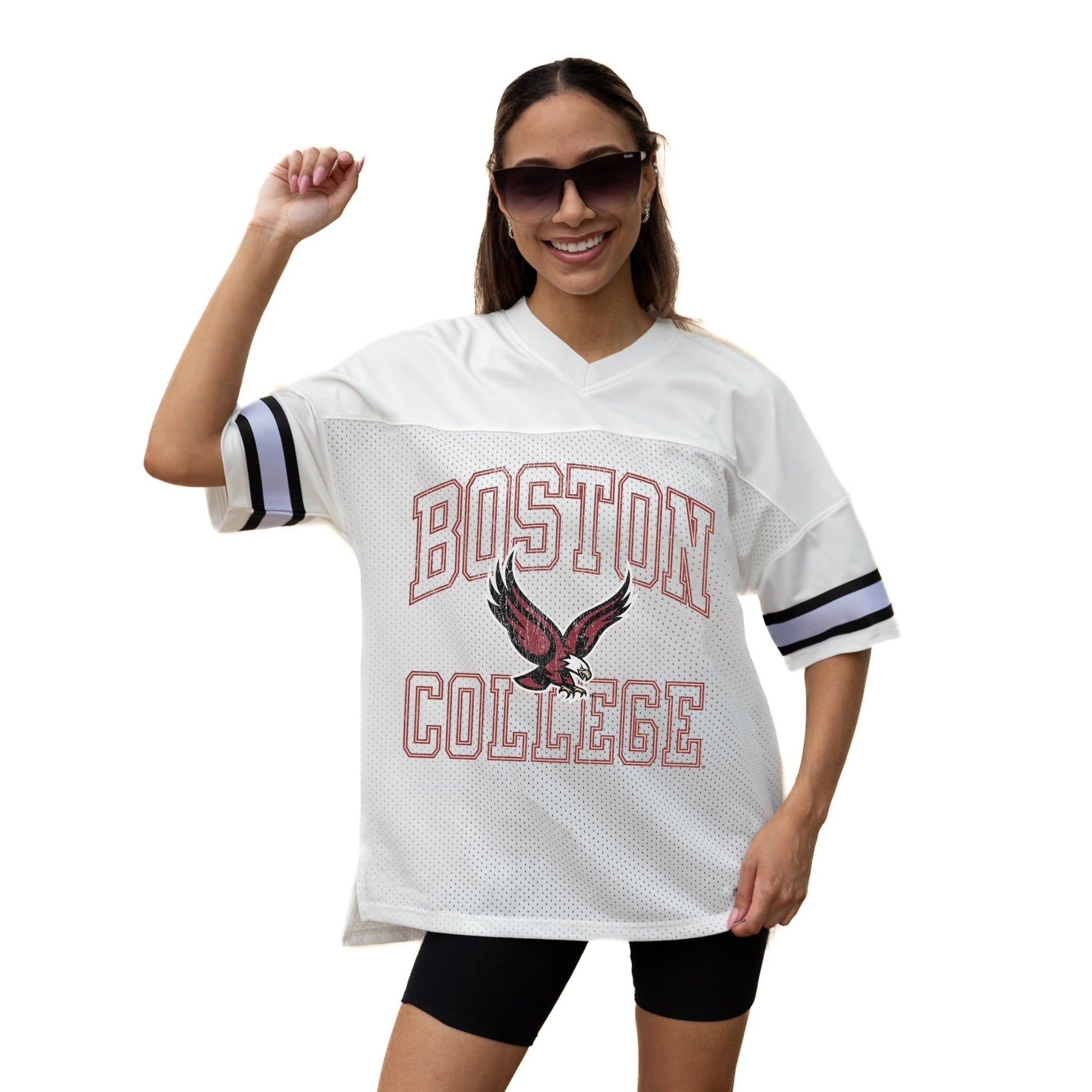 BOSTON COLLEGE EAGLES A STEP AHEAD ICONIC OVERSIZED MESH SHORT SLEEVE V - NECK FASHION JERSEY TOP WITH SIDE SLITS - The Club