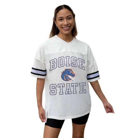 BOISE STATE BRONCOS A STEP AHEAD ICONIC OVERSIZED MESH SHORT SLEEVE V - NECK FASHION JERSEY TOP WITH SIDE SLITS - The Club