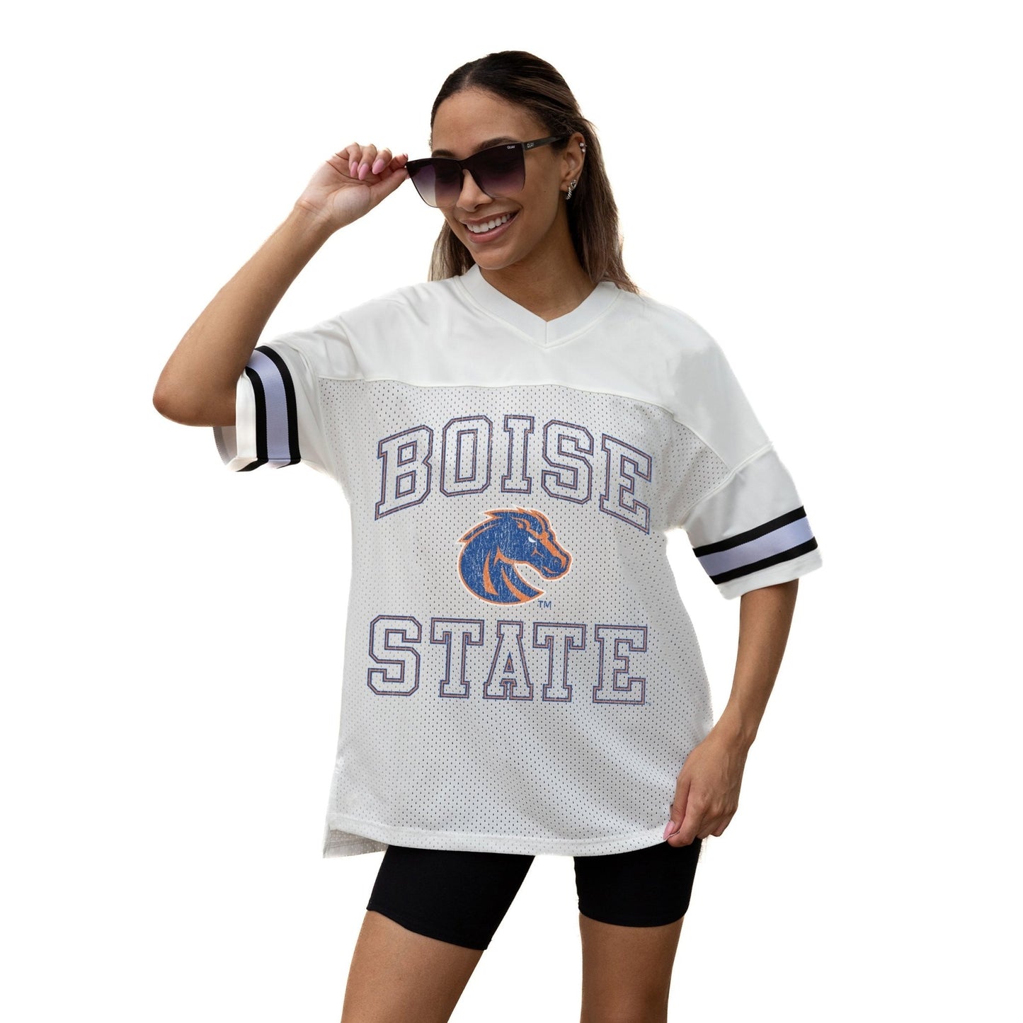 BOISE STATE BRONCOS A STEP AHEAD ICONIC OVERSIZED MESH SHORT SLEEVE V - NECK FASHION JERSEY TOP WITH SIDE SLITS - The Club