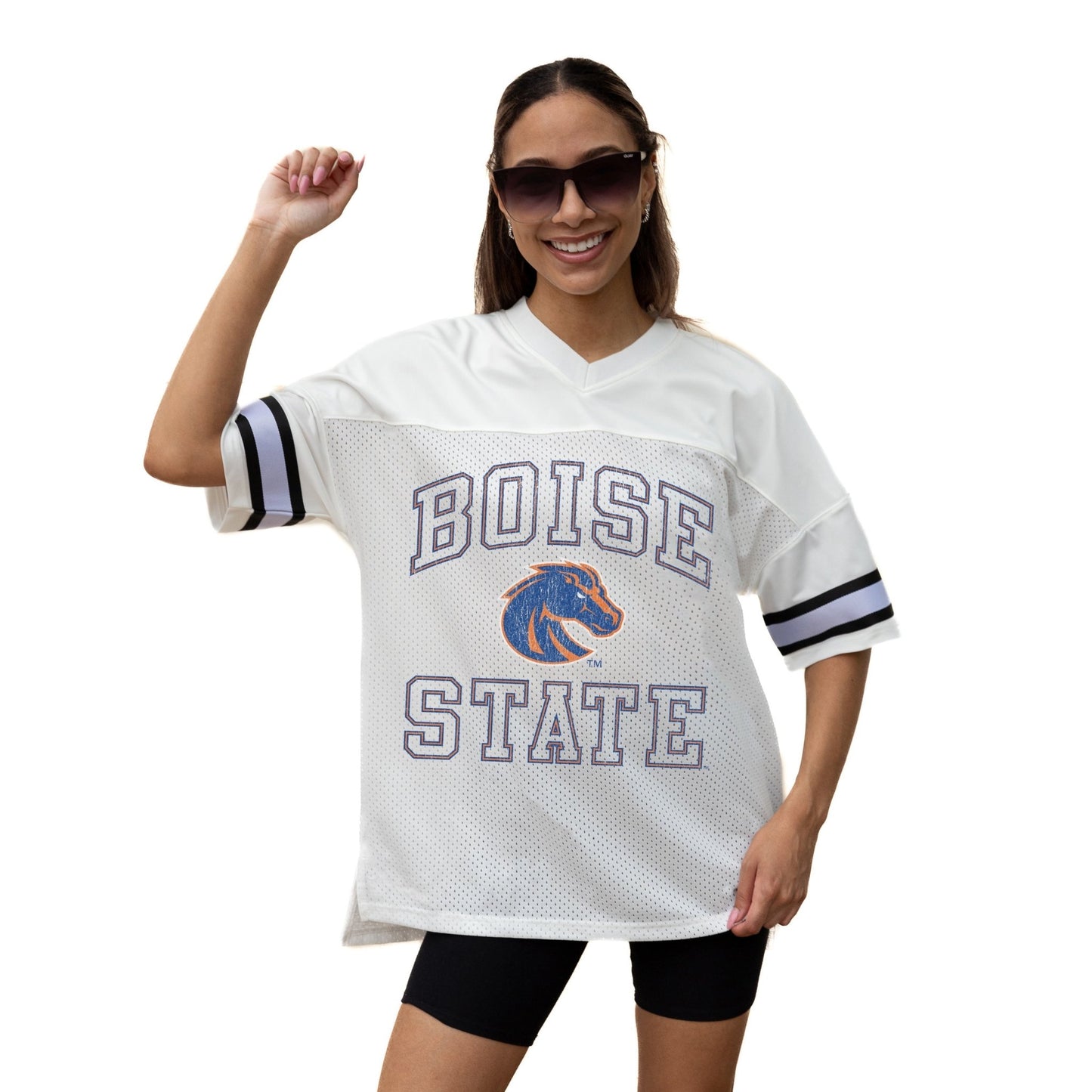 BOISE STATE BRONCOS A STEP AHEAD ICONIC OVERSIZED MESH SHORT SLEEVE V - NECK FASHION JERSEY TOP WITH SIDE SLITS - The Club