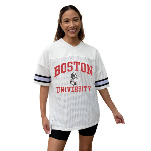 BOSTON UNIVERSITY TERRIERS A STEP AHEAD ICONIC OVERSIZED MESH SHORT SLEEVE V - NECK FASHION JERSEY TOP WITH SIDE SLITS - The Club