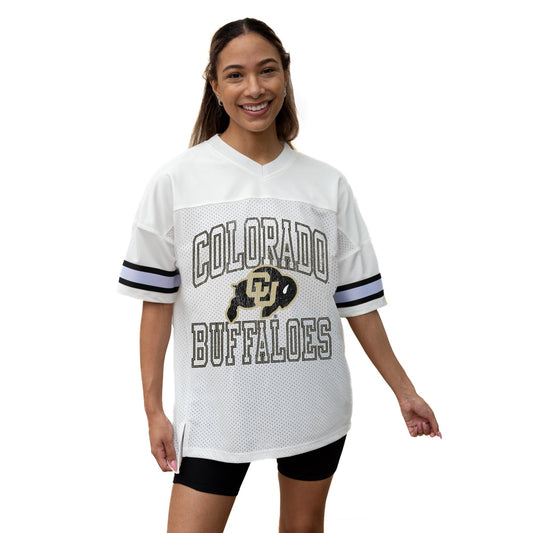 COLORADO BUFFALOES A STEP AHEAD ICONIC OVERSIZED MESH SHORT SLEEVE V - NECK FASHION JERSEY TOP WITH SIDE SLITS - The Club