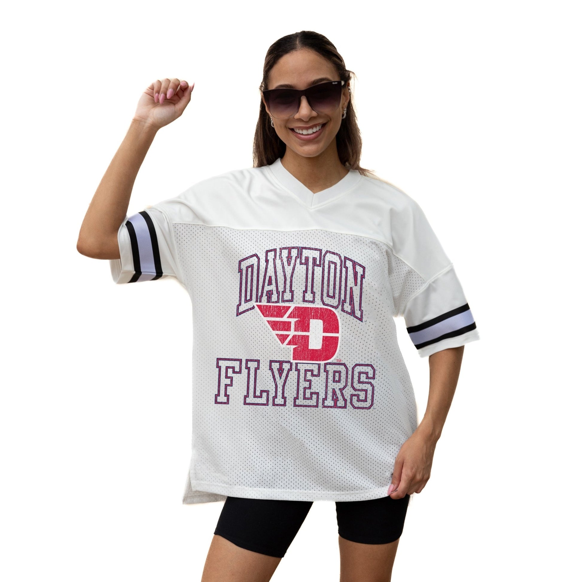 DAYTON FLYERS A STEP AHEAD ICONIC OVERSIZED MESH SHORT SLEEVE V - NECK FASHION JERSEY TOP WITH SIDE SLITS - The Club